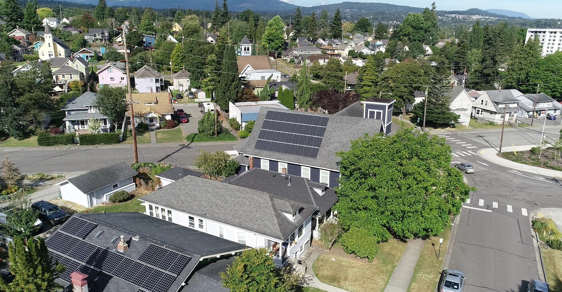 Aerial view of Lydia Place rooftop solar panels